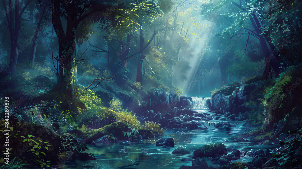 Poster a forest with a stream running through it