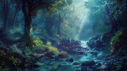A forest with a stream running through it
