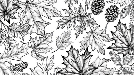 Autumn dry maple leaves Black and white pattern background.