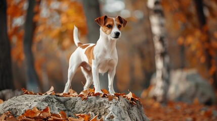portrait dog Jack Russell Terrier stands with front paws on a stone with orange leaves in the autumn summer park : Generative AI