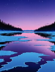 Obraz premium Frozen Lake at Twilight with Cold Blue and Purple Tones in Minimalist High Contrast Silhouette Style
