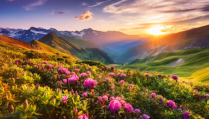 Realistic Painting Style of a landscape of Mountain and colorful flowers scenery with warm sunlight. Nature Landscape Scenery.