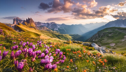 Obraz premium Realistic Painting Style of a landscape of Mountain and colorful flowers scenery with warm sunlight. Nature Landscape Scenery.