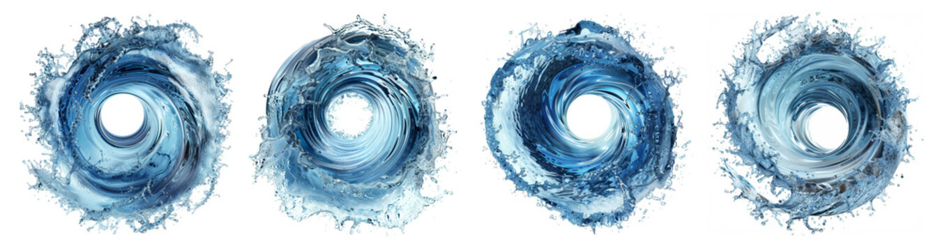 Photos of water flow vortices on a white background