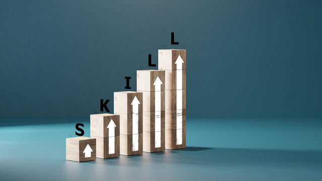skills icon on wooden cube. Upskilling and personal development concept. Skill training, education, learning, ability. Upskilling, reskilling,