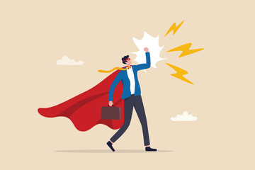 Superhero businessman with superpower to win business success, strength or power to control and finish work, confidence great responsibility, courage or strong positive attitude with fearless mindset.