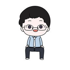 A cartoon character wearing glasses and a blue shirt is sitting on a chair