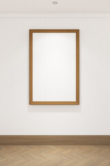 3d render of frame mock up hanging on the white wall. Wood parquet floor and white ceiling. Set 15