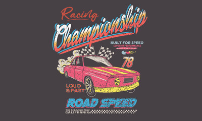 Racing club vector t-shirt print design. American racing. Car championship. Car print design for t shirt print, poster, sticker, background and other uses.