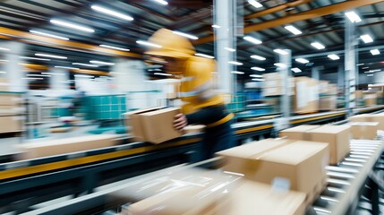worker working in warehouse delivery industrial managing cardbox Motion blur rush hour