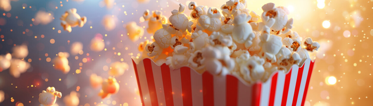 Close-up of a popcorn box with kernels popping in the background. Perfect for movie night, entertainment, and snack-related designs.