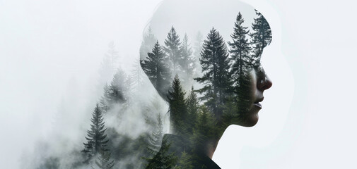 Double exposure image of a woman and a forest, symbolizing harmony between human and nature with artistic photography technique.