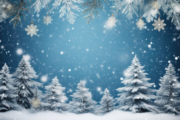 Enchanted Winter Scene with Snow-Covered Pine Trees and Falling Snowflakes