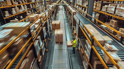 large warehouse filled with neatly stacked boxes categorized by type storage Motion blur top view