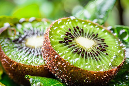 Close-up of fresh kiwi fruit slices with water droplets on green leaves, showcasing the vibrant, juicy, and nutritious qualities of the fruit in a natural setting.