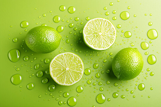 Fresh limes with water droplets on a green background, showcasing whole and sliced citrus fruits, highlighting their vibrant, juicy, and refreshing qualities.