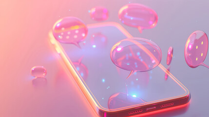 Futuristic smartphone with holographic display surrounded by digital bubbles. A concept of modern technology and innovation.