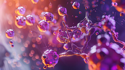 Obraz premium purple and orange cancer cells being battling by white cell, generative AI