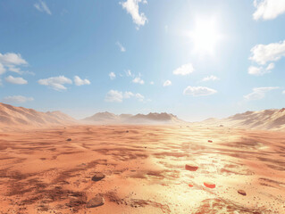 Scenic desert landscape under clear blue sky with sun shining bright, capturing the beauty of arid sandy terrain with distant mountains.