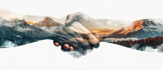Surreal handshake blending with mountains, representing connection, cooperation, and unity in a harmonious natural landscape.