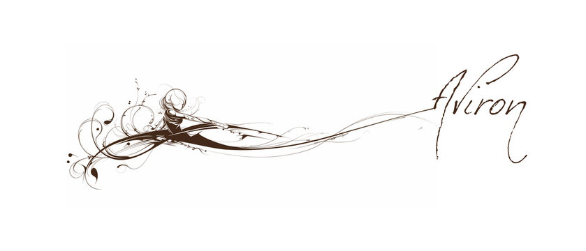 &Eacute;l&eacute;gant motif calligraphique stylis&eacute; femme faisant de l'aviron, avec le mot en fran&ccedil;ais 'Aviron' en lettres cursives, fond blanc. club de Sport, JO, championnat, 