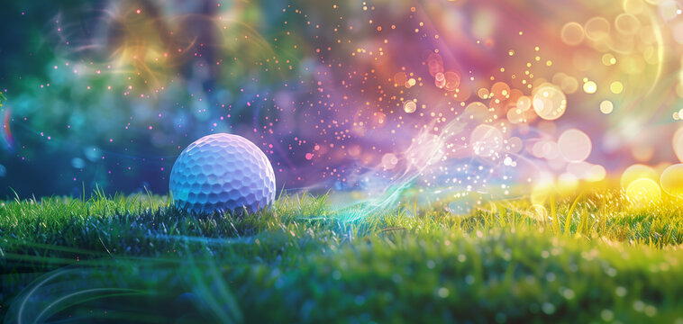 Vibrant golf ball on green grass with colorful bokeh background. Energetic and surreal golfing imagery for creative projects.