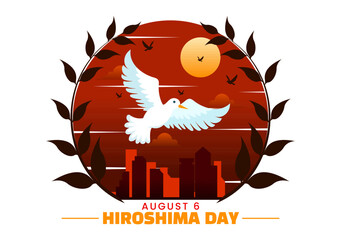 Hiroshima Day Vector Illustration for August 6th featuring a Peace Dove and a Nuclear Explosion Background in a Flat Style Cartoon Design