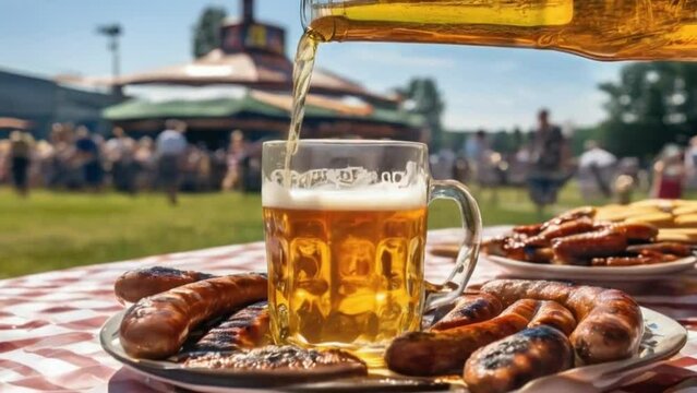 Mug of Beer and Sausages, Delicious Oktoberfest in a Festive Style with Warm Colors for Celebration Concept
