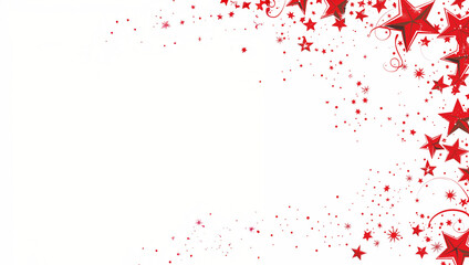 &eacute;toiles rouges et paillettes dispers&eacute;s sur les bords, laissant un espace n&eacute;gatif blanc au centre pour du texte ou des images copyspace, cartes de v&oelig;ux, No&euml;l, fin d'ann&eacute;e, f&ecirc;te, anniversaire