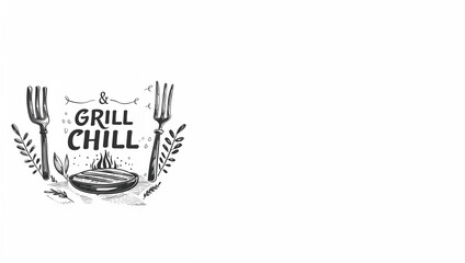 en anglais "Grill & Chill", avec fourchettes et épis de blé autour d'une viande grillée au BBQ, fond blanc copyspace. Branding, barbecue, saison estivale convivialité et la détente autour du grill