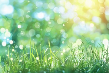 Obraz premium Grass Background. Natural Spring Meadow with Abstract Green Leaves and Sunlight