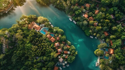 Aerial view of the beautiful resort lagoon waters surrounded by garden trees.