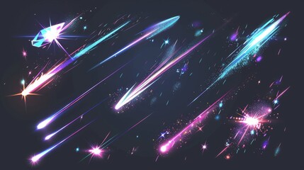 Falling Stars Set: Bright Meteor Trails and Shooting Stars with Glowing Motion