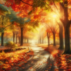 A serene park in autumn, adorned with vibrant foliage in shades of red, orange, and yellow.