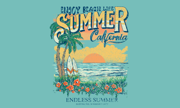 Tropical flower. Summer slogan t-shirt. Surf club design. Beach wave artwork. Surfing board. Summer abstract art. Sunshine paradise graphic print design. Tropical island art for fashion and others. 