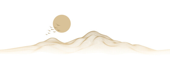 Vector abstract art landscape mountain with birds and sunrise sunset by golden line art texture isolated on transparent background. Minimal luxury style for wallpaper, wall art decoration. © korkeng