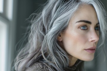 Fototapeta premium Gray Hair Problem: A Woman Revealing Roots with Grey Hair, Going Natural
