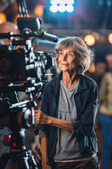 Mature female director guiding film crew during production shoot
