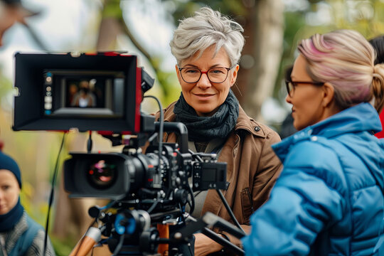 Mature female director guiding film crew during production shoot
