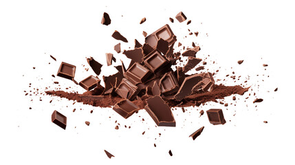 Fototapeta premium Chopped dark chocolate splash isolated on transparent white background, clipping path