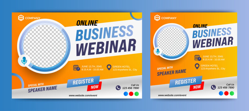 Online Business live webinar banner invitation and social media post template. Business webinar invitation design. Vector
