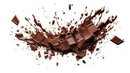 Fototapeta premium Chopped dark chocolate splash isolated on transparent white background, clipping path
