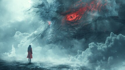 An exciting scene of encountering a monster in a fantasy movie.