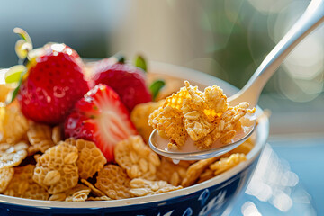 Spoon with corn flakes and strawberry served with milk, healthy breakfast