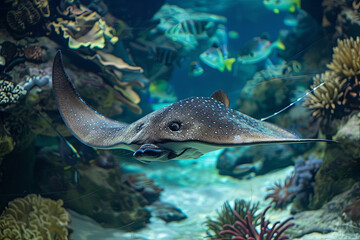 Stingray swimming in an aquarium, marine life exhibit
