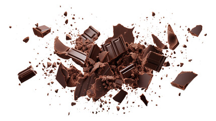 Fototapeta premium Chopped dark chocolate splash isolated on transparent white background, clipping path