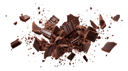 Chopped dark chocolate splash isolated on transparent white background, clipping path