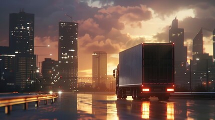 Urban delivery scene with trailer truck, navigating through tight city roads, dynamic motion, city skyline, high detail, 4K quality, dramatic lighting