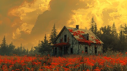 Country wooden house in a red flower garden