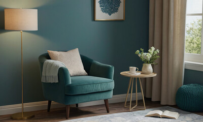 3D render of a tranquil reading nook, emphasizing comfort and serenity. Incorporate a cozy armchair or chaise lounge, a stylish side table, and a floor lamp providing soft, focused light. 